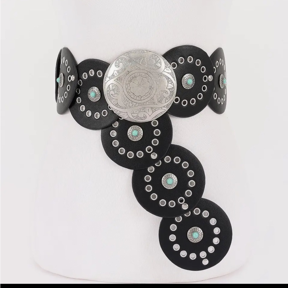 1249.  Faux Leather Black Western Concho Belt with Silver-Turquoise Accents